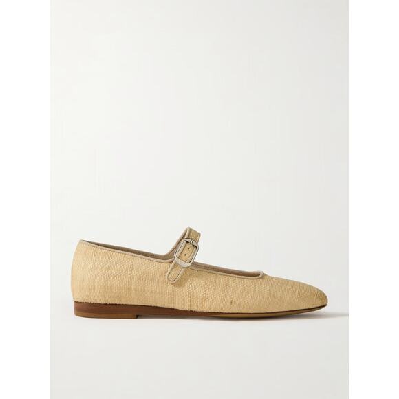 Le Monde Beryl Grosgrain-Trimmed Raffia Mary Jane Ballet Flats - IT 37 - Picture 1 of 5